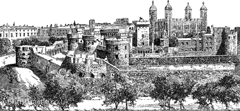 Line art drawing of the Tower of London