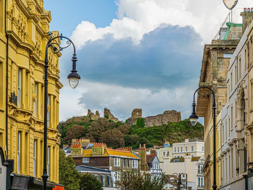 Hastings castle from the streets of the town below