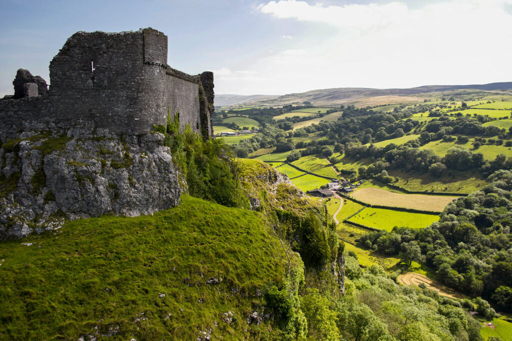 Carreg Cennen castle looking out over the surrounding countryside